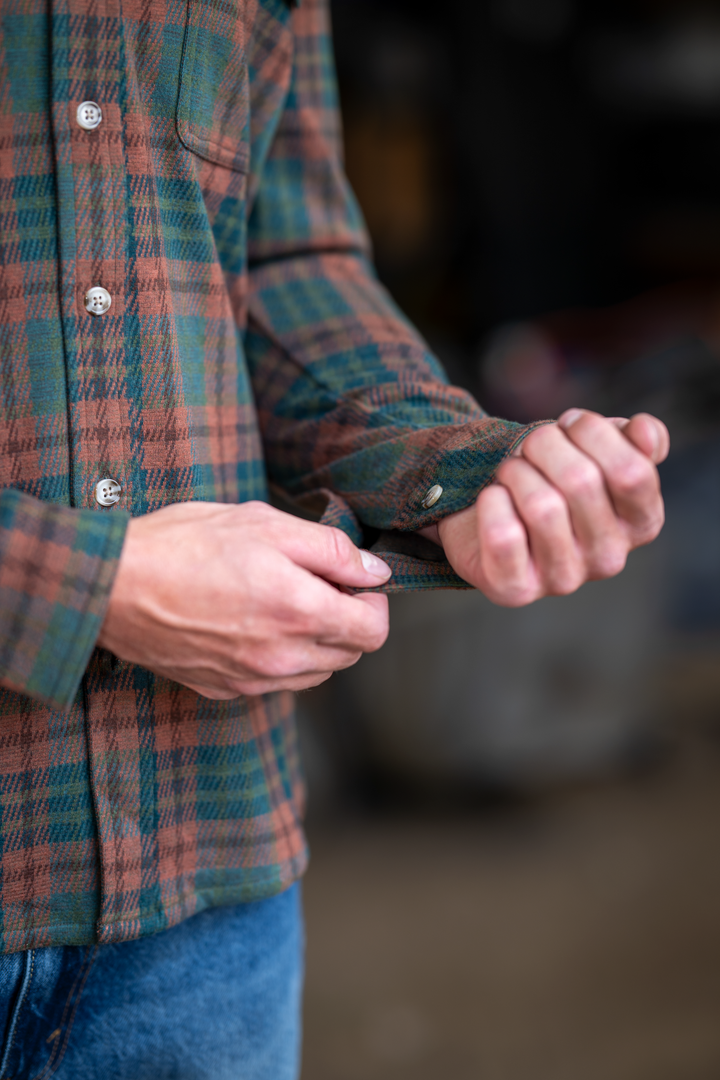The Afterburn | Rust & Forest Heritage Plaid Chinchilla Soft™ Long Sleeve Stretch Button Up Shirt | Pre-Order | Ships early October 2026