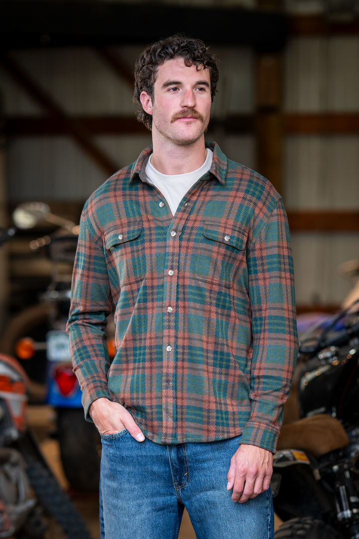 The Afterburn | Rust & Forest Heritage Plaid Chinchilla Soft™ Long Sleeve Stretch Button Up Shirt | Pre-Order | Ships early October 2026