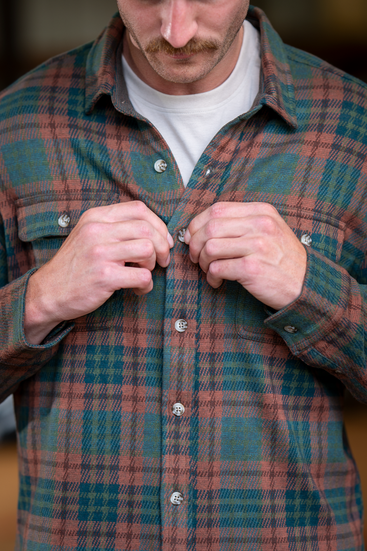The Afterburn | Rust & Forest Heritage Plaid Chinchilla Soft™ Long Sleeve Stretch Button Up Shirt | Pre-Order | Ships early October 2026