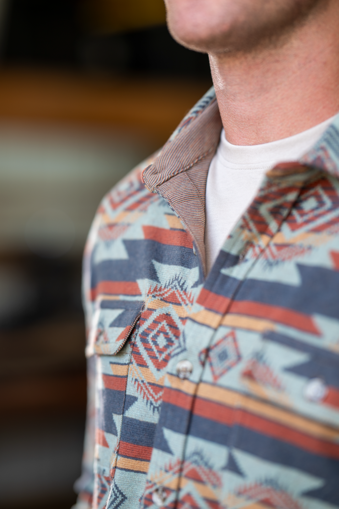 The High Desert | Blue and Orange Aztec Chinchilla Soft™ Long Sleeve Stretch Button Up Shirt