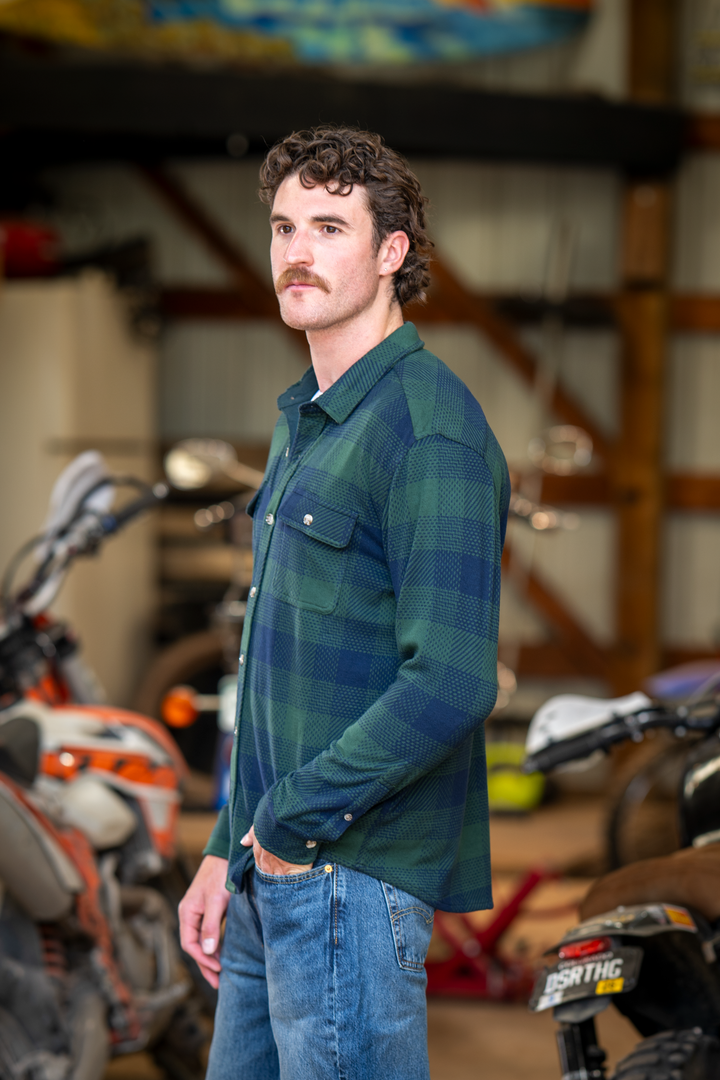 The Lowball | Navy and Green Work Plaid Chinchilla Soft™ Long Sleeve Stretch Button Up Shirt | Pre-Order | Ships early October 2026