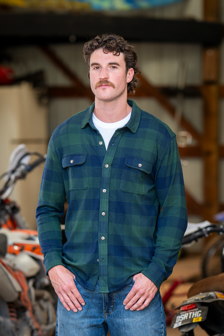 The Lowball | Navy and Green Work Plaid Chinchilla Soft™ Long Sleeve Stretch Button Up Shirt | Pre-Order | Ships early October 2026