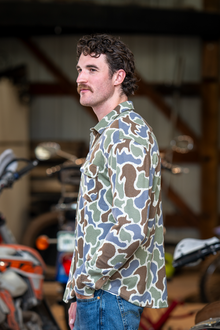 The Out Of Mind | Duck Camo Chinchilla Soft™ Long Sleeve Stretch Button Up Shirt