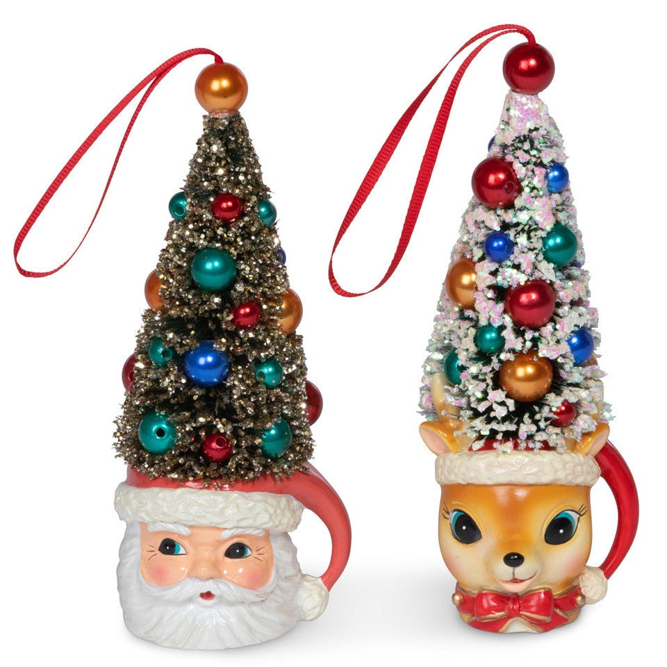 Retro Deer and Santa Mug with Sisal Tree Ornament Set of 2