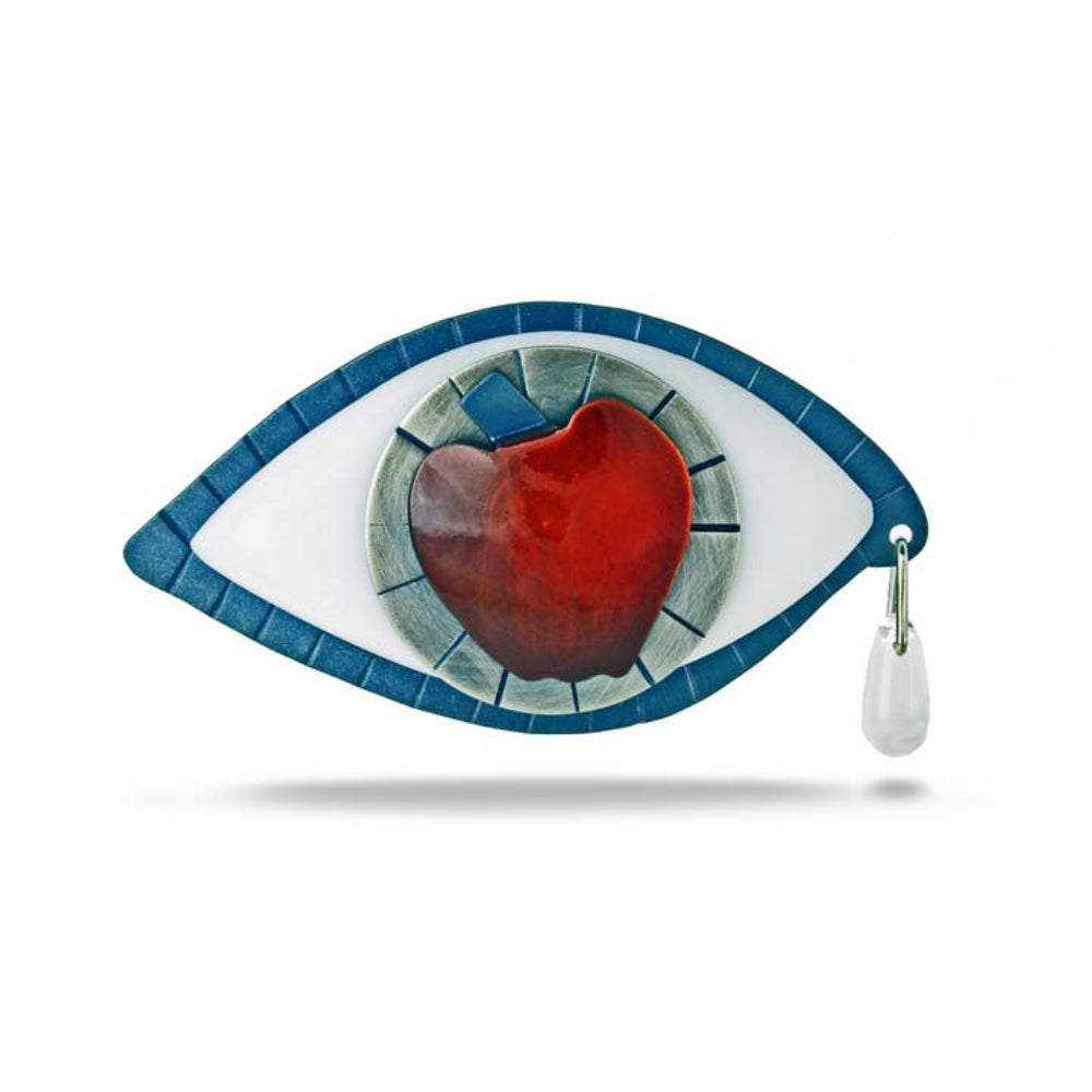 Chickenscratch Apple of My Eye Brooch — handmade Dali-inspired brass and carved acrylic eye brooch with glass teardrop dangle, 1.5 x 2.25 inch artisan pin made in USA