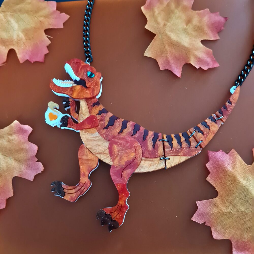 Autumn Tea Rex, T Rex, Dinosaur, Statement Necklace by Cherryloco Jewellery 