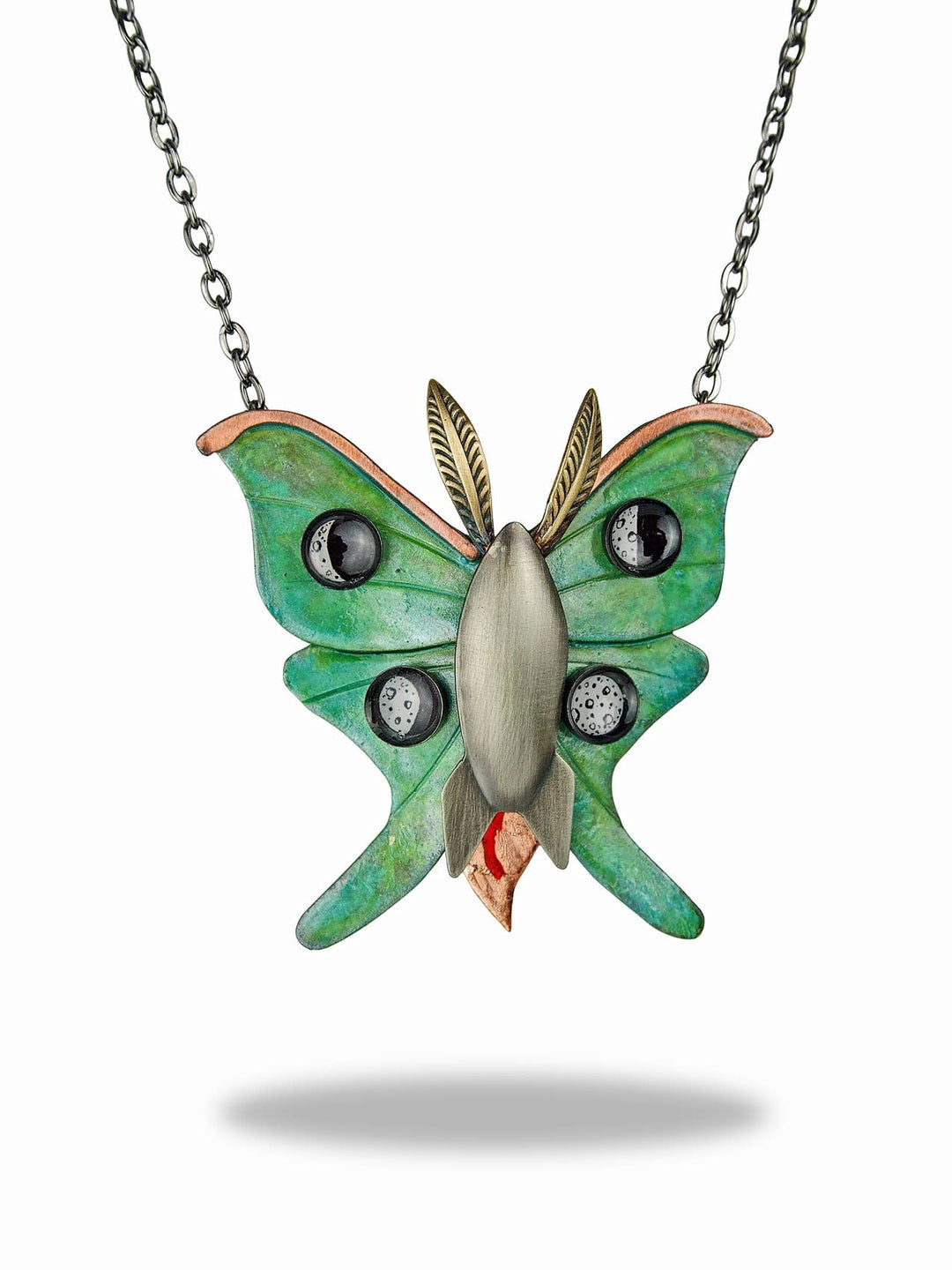 Lunar Moth Necklace — verdigris brass wings with nickel silver rocket and moon phase spots by Chickenscratch
