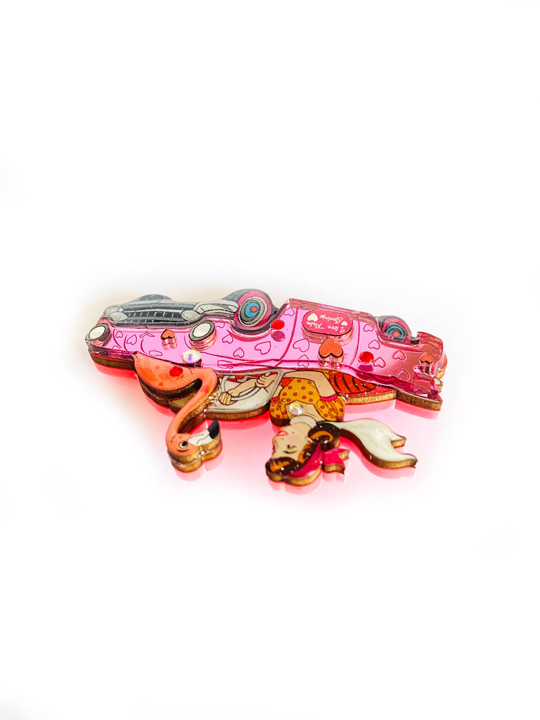 Frankie & the Flamingo Car Brooch by Rosie Rose Parker