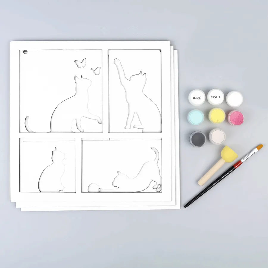Rosa Talent 4 Cats - 3D Painting on Fiberboard Set. Create Your DIY Decoration. Primed. 3 Layers. 11.81*11.81 inches.