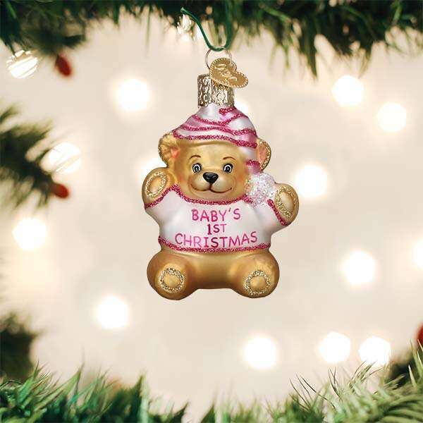 Old World Christmas Baby Girl's First Teddy Bear Blown Glass Ornament