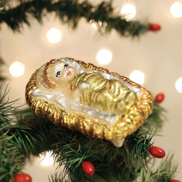 Old World Christmas Baby Jesus in Manger Blown Glass Ornament