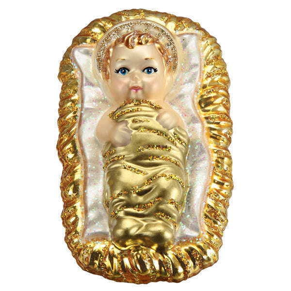 Old World Christmas Baby Jesus in Manger Blown Glass Ornament