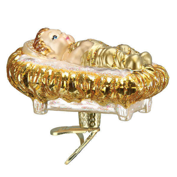 Old World Christmas Baby Jesus in Manger Blown Glass Ornament