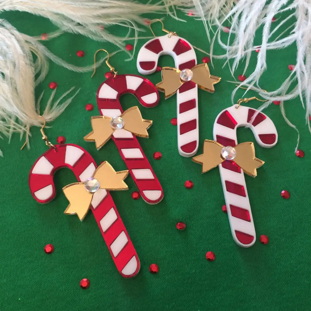 Christmas Candy Cane & Bows Statement Earrings