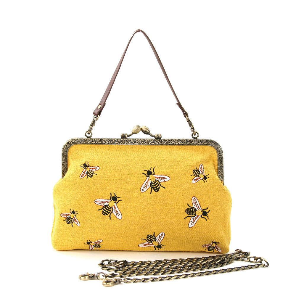 Bees Kisslock Bag in Cotton : Yellow