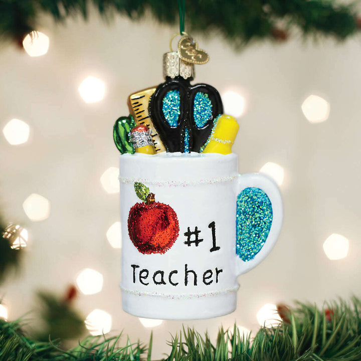Old World Christmas Best Teacher Mug Blown Glass Ornament
