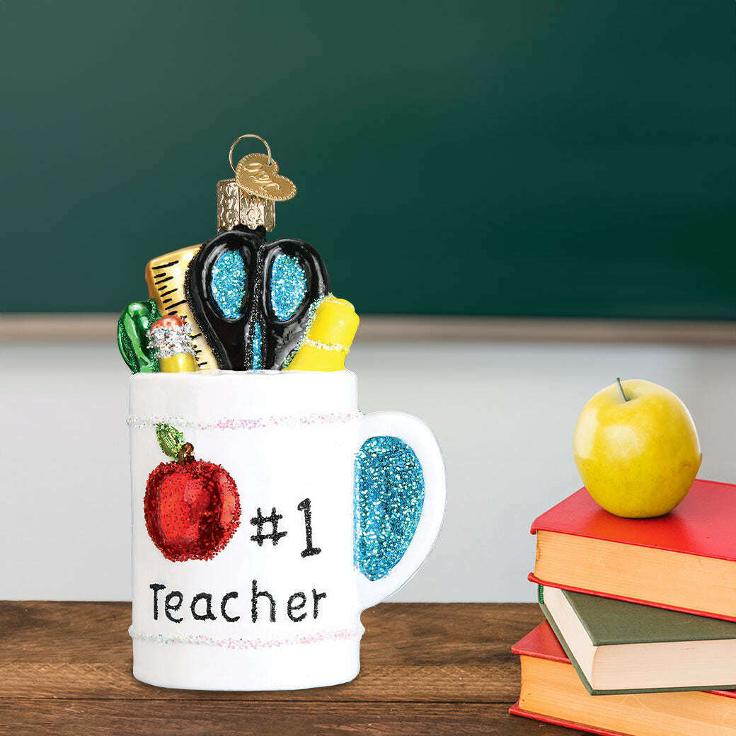 Old World Christmas Best Teacher Mug Blown Glass Ornament