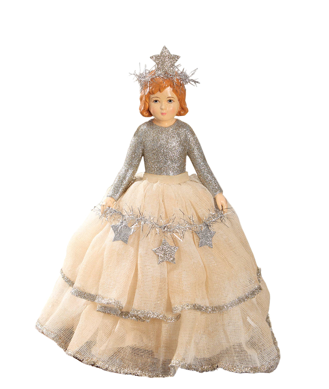 Decorative angel figurine with a silver dress and star accents against a snowy background