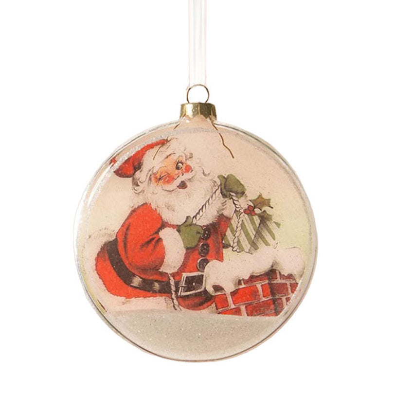 Round Christmas ornament with Santa Claus design on a white background