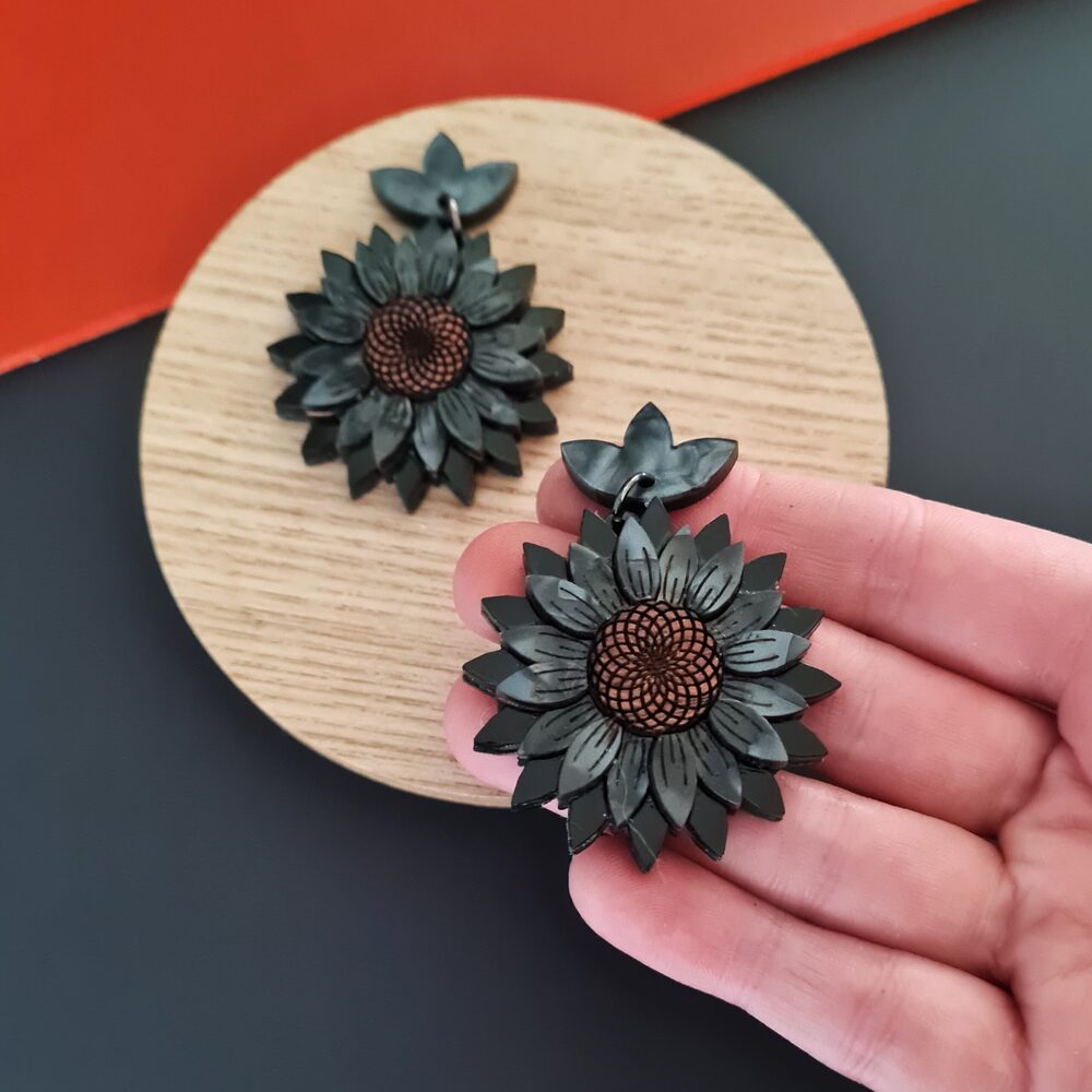 Black Sunflower Dangle Earrings by Cherryloco Jewellery 1