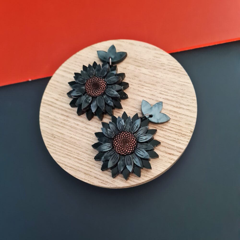 Black Sunflower Dangle Earrings by Cherryloco Jewellery 2