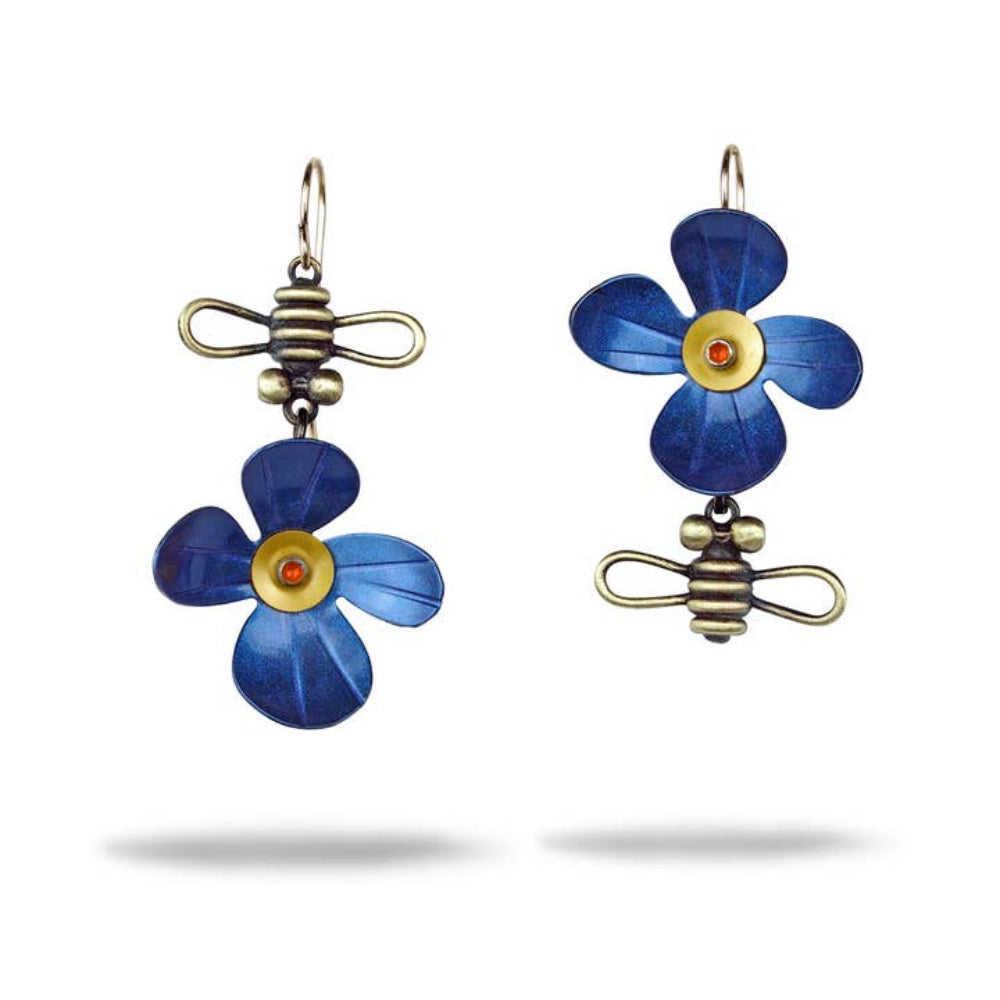 Chickenscratch Bloom Blue Earrings — handmade oxidized brass flower earrings with blue mica powder and orange enamel paint, mismatched brass bee accent, gold-filled ear wires