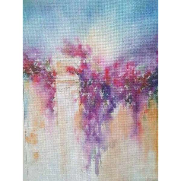 Blooming Arch Designer Printed AIDA Fabric. Canvas for embroidery with an applied background  KF-1081A