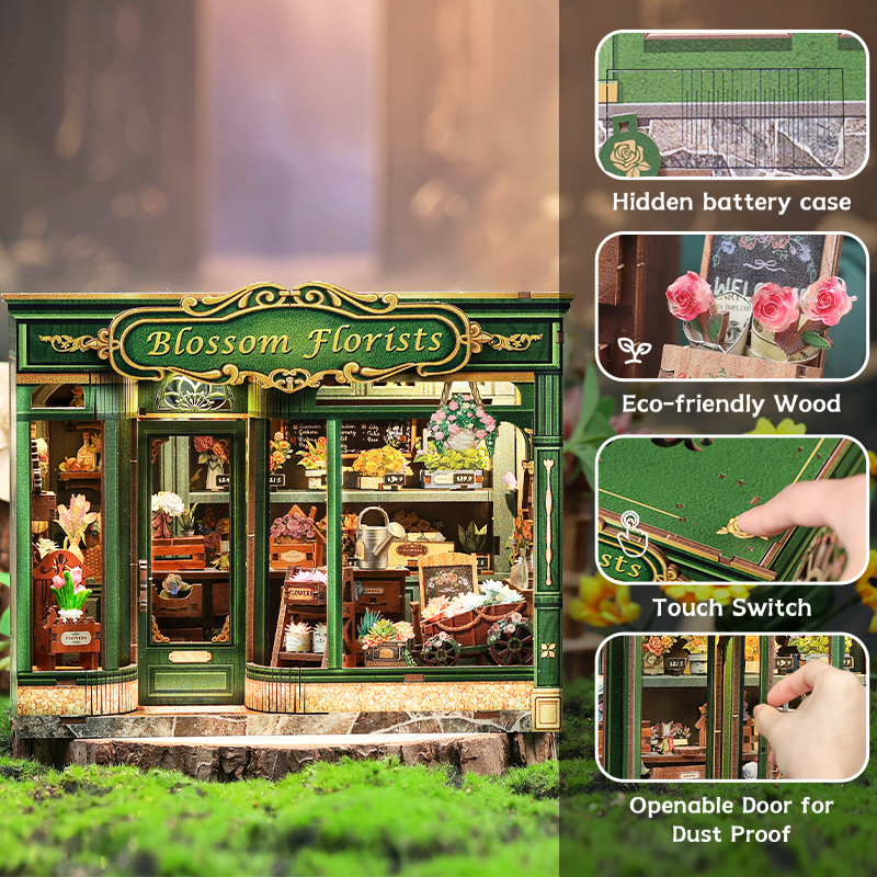 Blossom Florists Dollhouse Kit - Miniature Wizardi Roombox Kit with LED Light F07M51-97-GB403