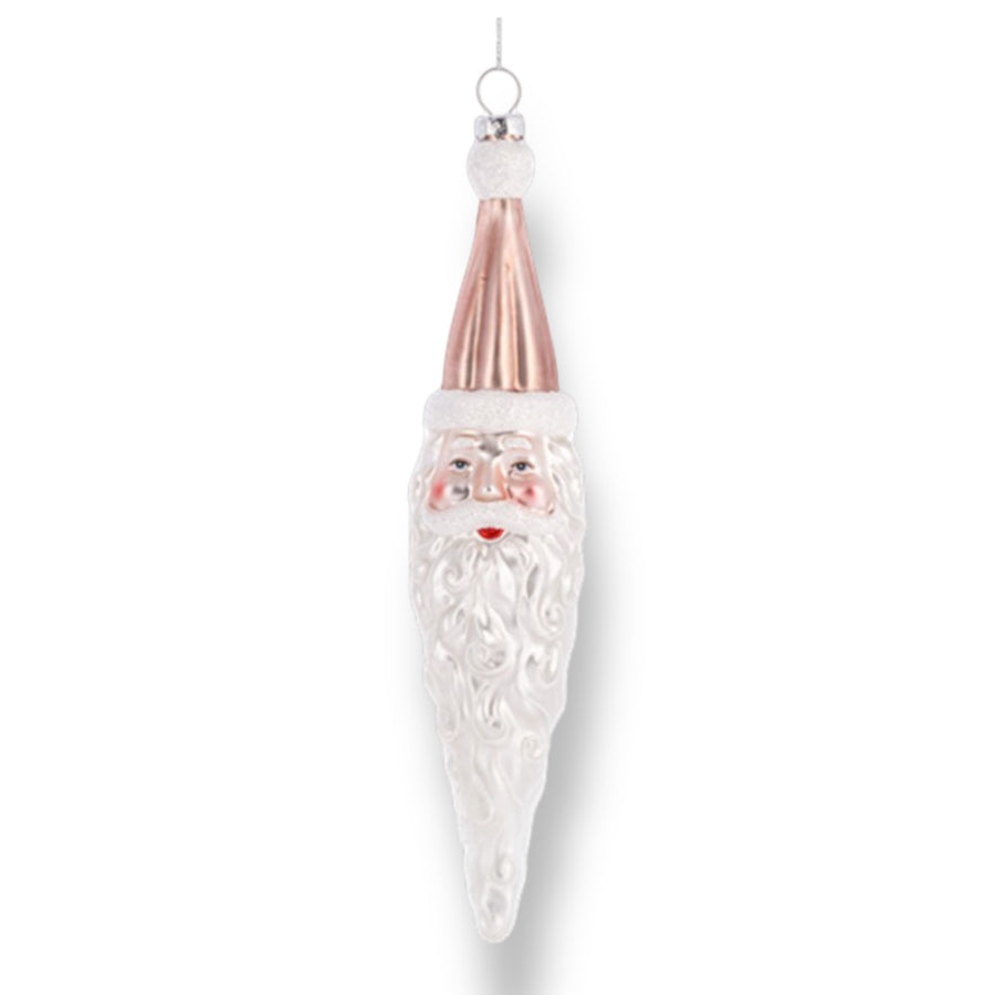 Blown glass Christmas ornament shaped like a Santa Claus head with long beard and pink hat.
