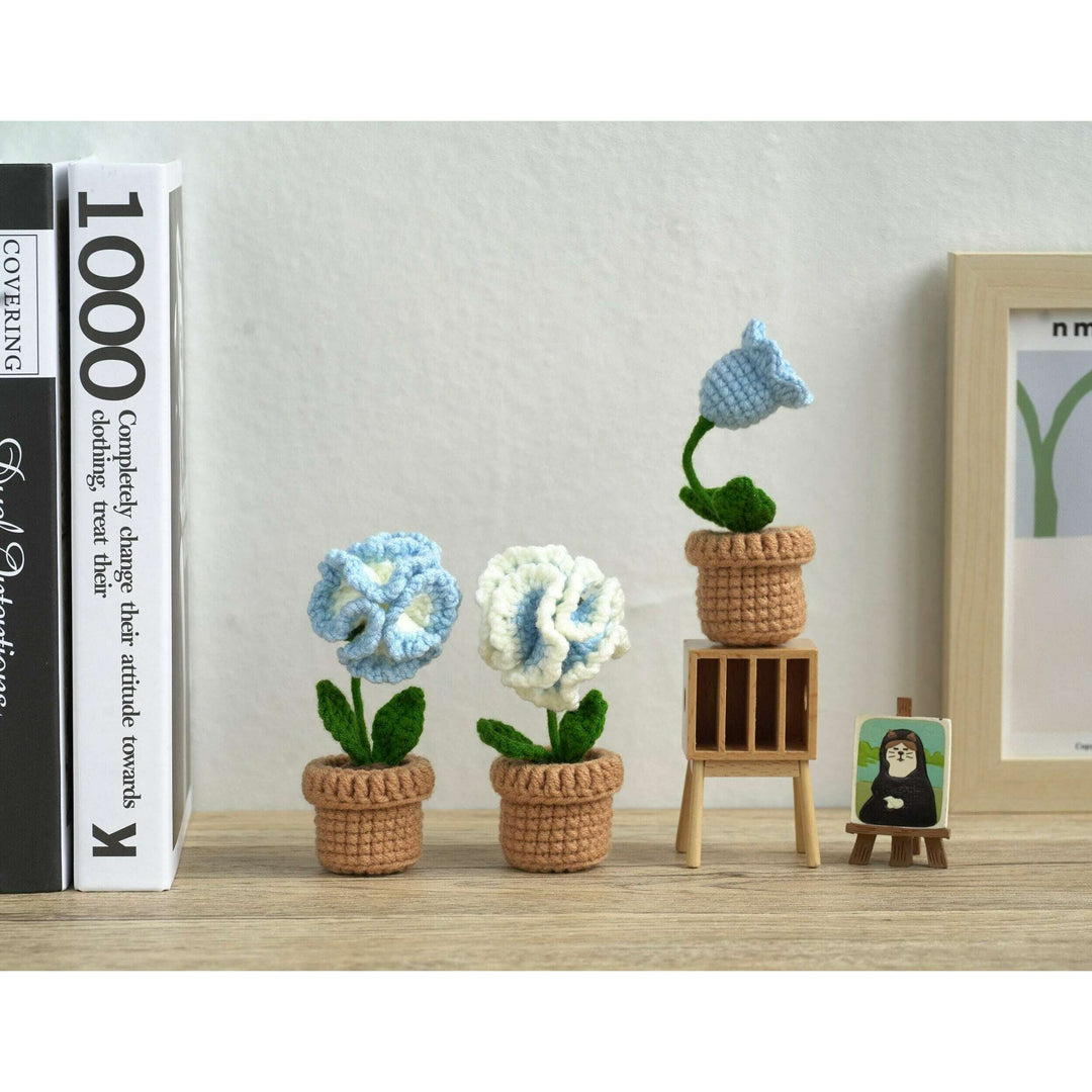 Blue and White Flowers. Potted Flower Amigurumi DIY Crochet Kit Wizardi F07N8-M20