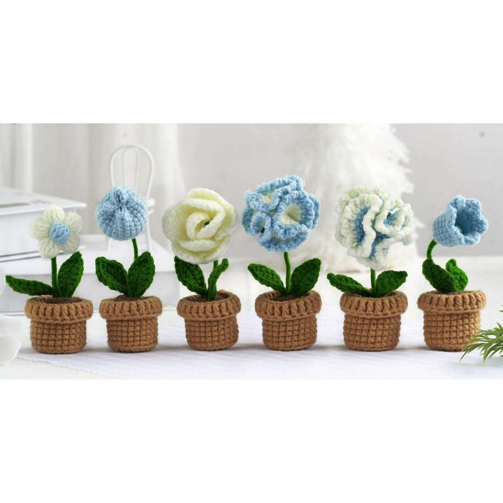 Blue and White Flowers. Potted Flower Amigurumi DIY Crochet Kit Wizardi F07N8-M20
