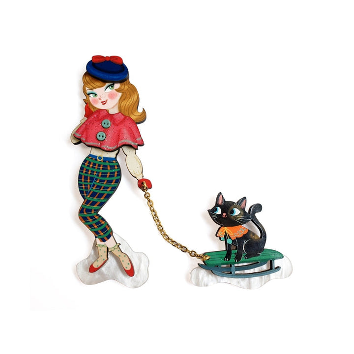 Brooch for Girl with Cat on Sled by Laliblue 