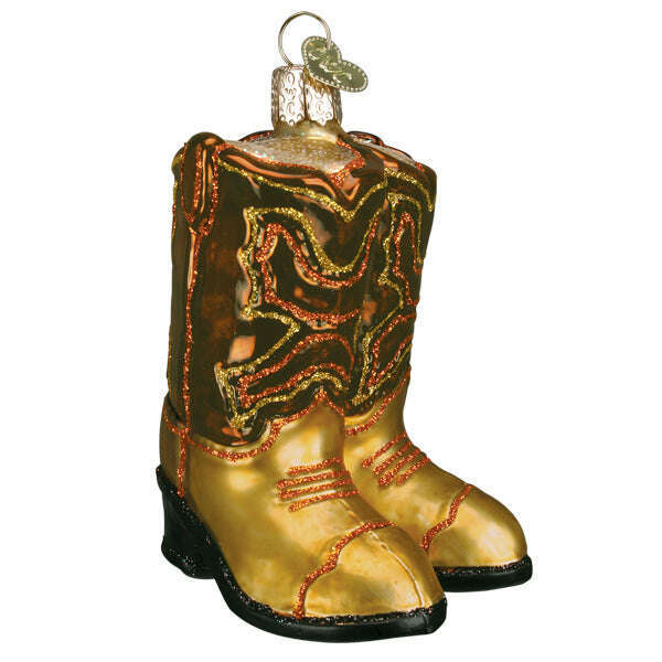Old World Christmas Brown Pair of Cowboy Boots Blown Glass Ornament