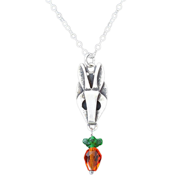 Chickenscratch Bunny Pendant — cast sterling silver rabbit charm necklace with Czech glass carrot dangle on 18-inch sterling silver chain