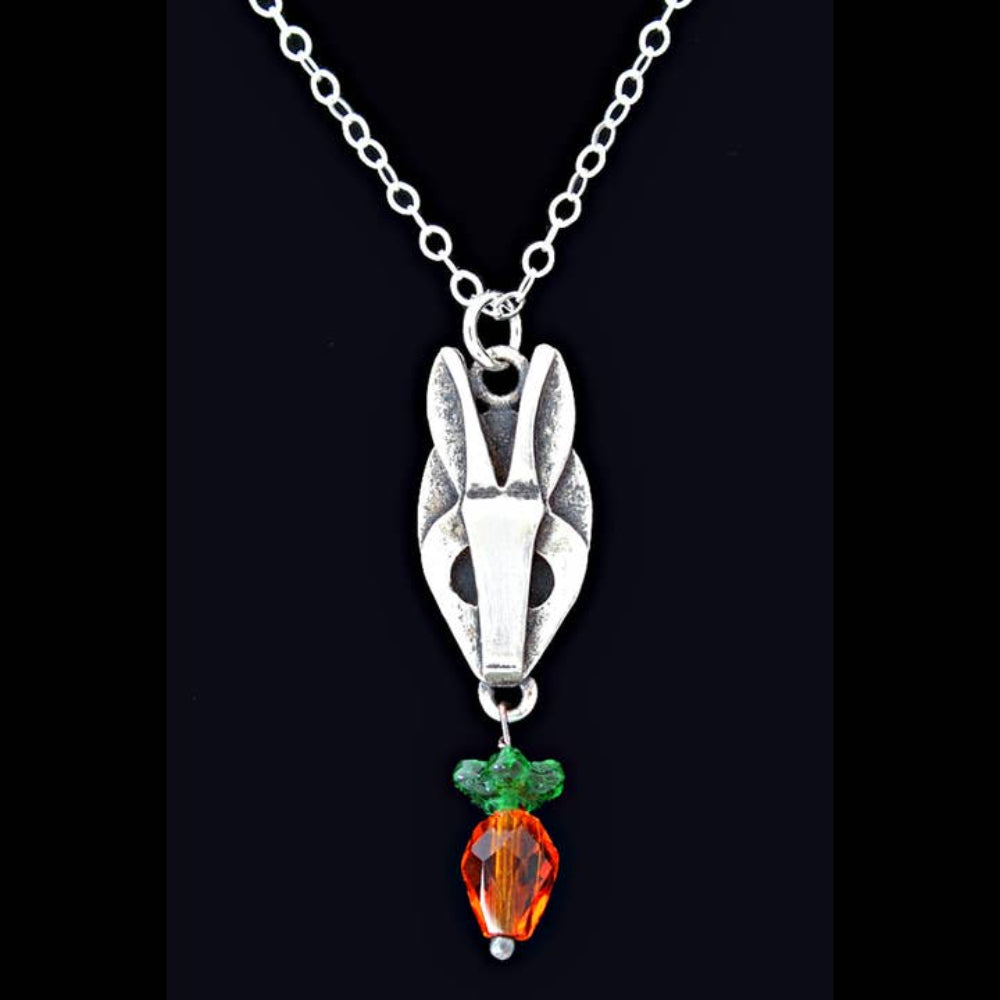 Chickenscratch Bunny Pendant detail — artisan sterling silver bunny necklace with glass carrot handmade in USA