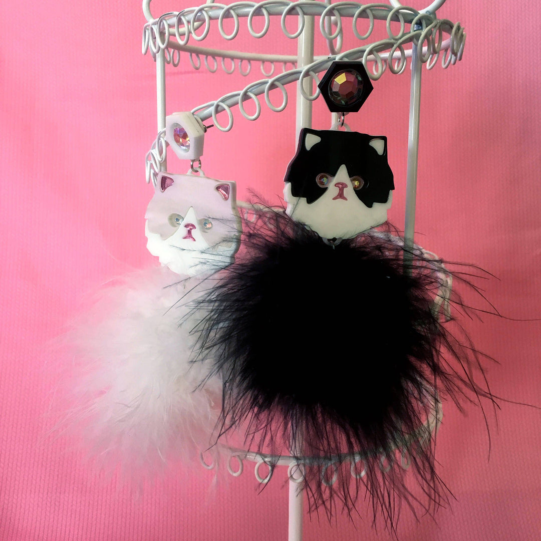 Persian Kitty Cat And Pom Pom Earrings In White Or Black & White, Laser Cut Acrylic, Plastic Jewelry