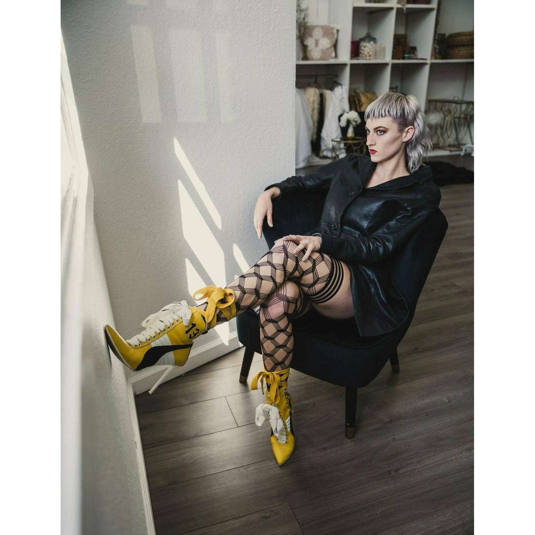 Cassandra: Layered Fence Net Thigh Highs. Petite to Plus Size
