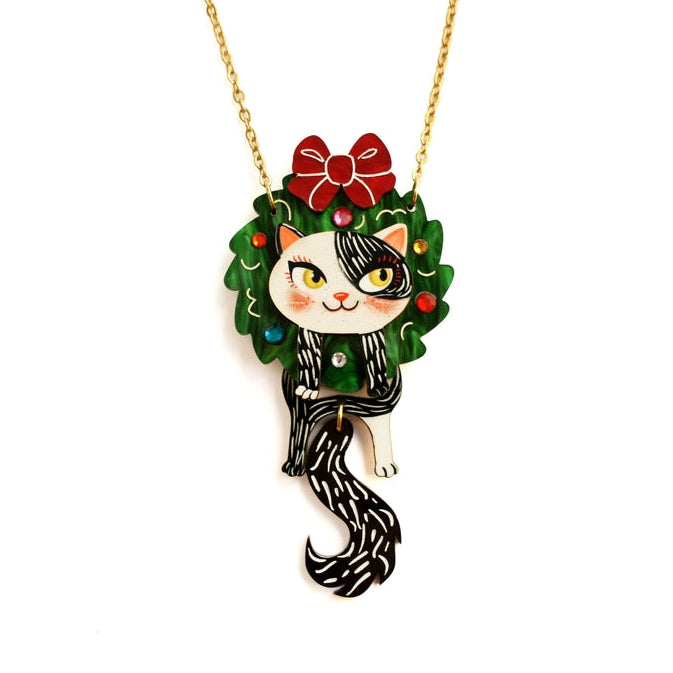 Cat in A Christmas Wreath Necklace by Laliblue 