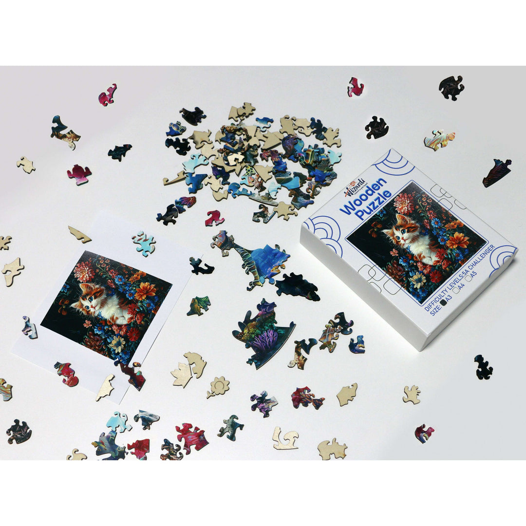 Cat in Flowers - Jigsaw Wooden Puzzle by Wizardi F07N9-16