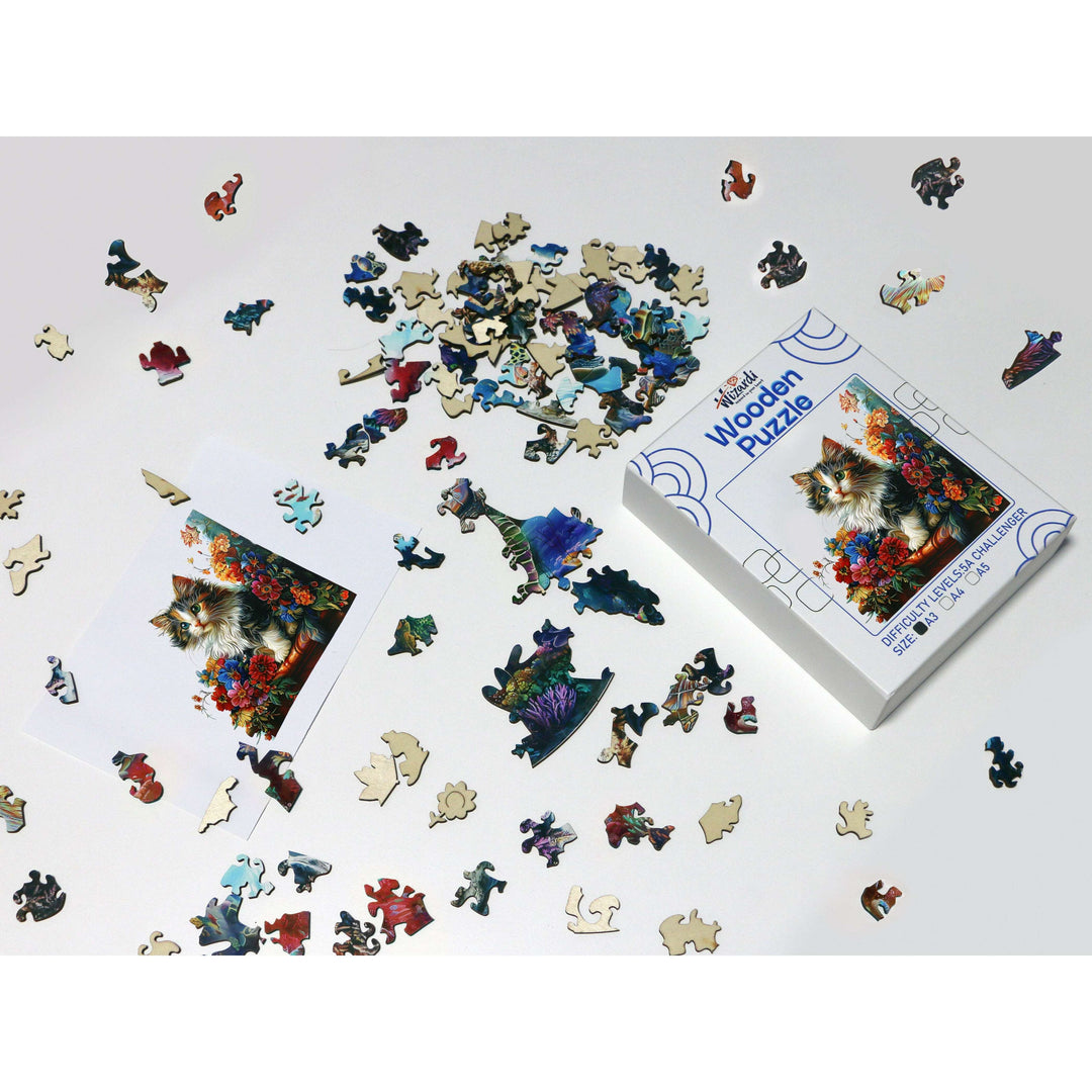 Cat with Flowers - Jigsaw Wooden Puzzle by Wizardi F07N9-15
