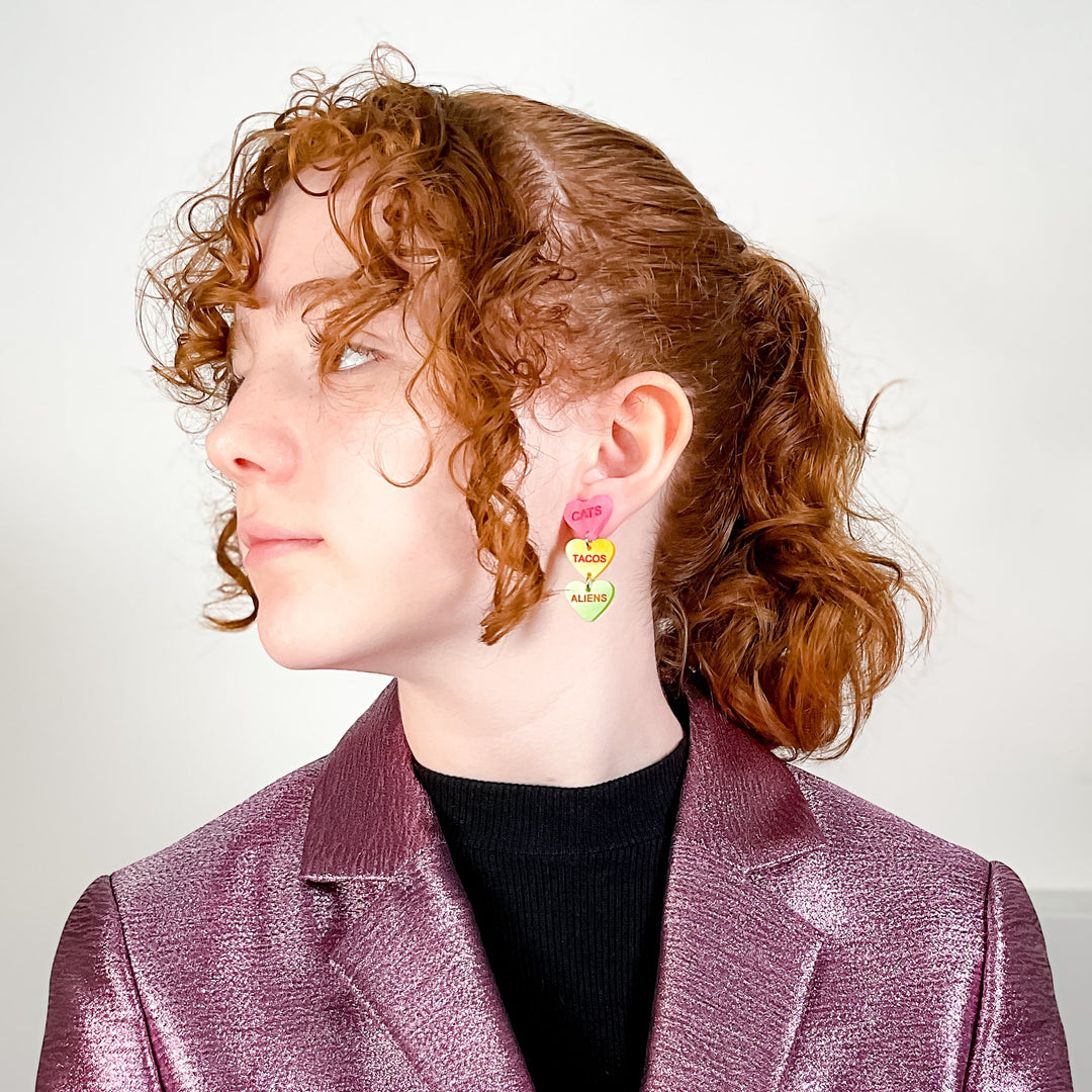 Last Chance! Cats Tacos Aliens Candy Heart Dangle Earrings