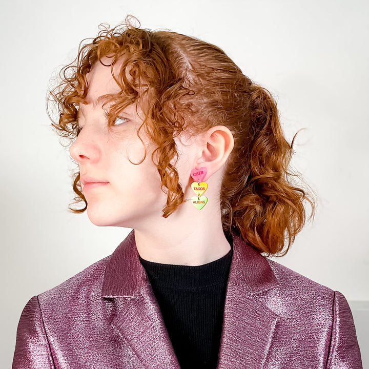 Last Chance! Cats Tacos Aliens Candy Heart Dangle Earrings