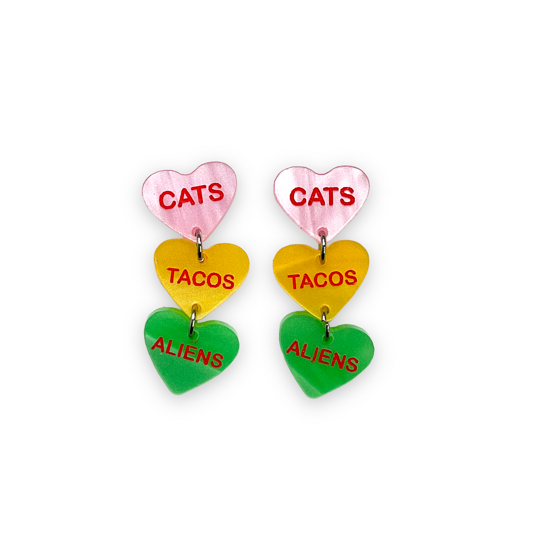 Last Chance! Cats Tacos Aliens Candy Heart Dangle Earrings