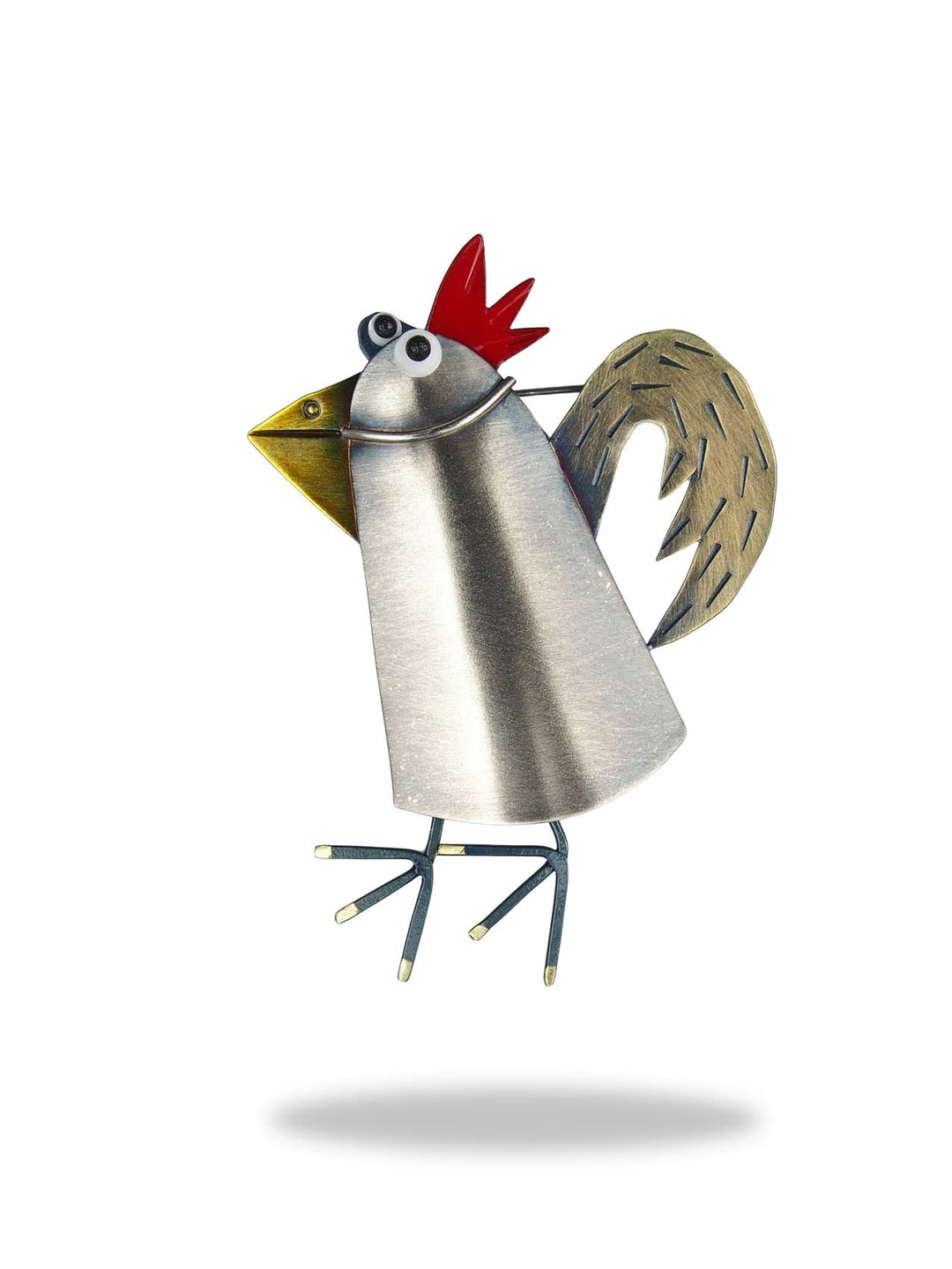 Early Bird Special Pin — whimsical brass and silver rooster coffee pot brooch by Chickenscratch