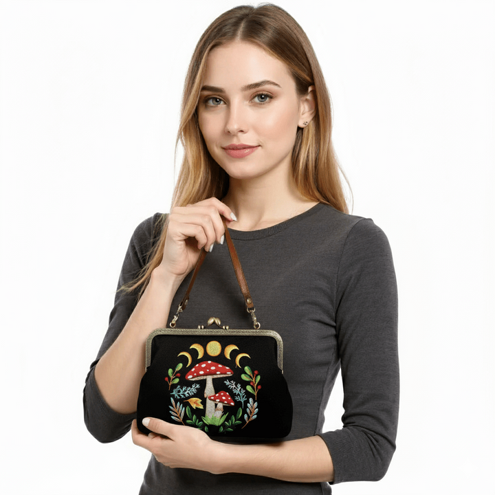 Celestial Mushroom Kiss Lock Bag in Linen Cotton Blend Mater