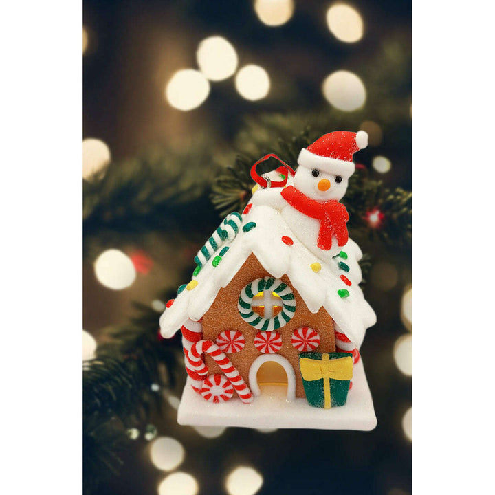 Christmas Ornament - Gingerbread Snow House with Snowman. Wizardi Festive Decoration F07-N2-18-EE403C