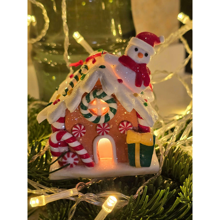 Christmas Ornament - Gingerbread Snow House with Snowman. Wizardi Festive Decoration F07-N2-18-EE403C