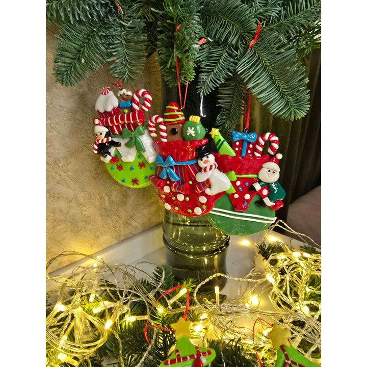 Christmas Ornament - Glossy Gingerbread Gift Bag with Santa. Wizardi Festive Decoration F07-N2-11-AA440C