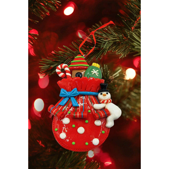 Christmas Ornament - Glossy Gingerbread Gift Bag with Snowman. Wizardi Festive Decoration F07-N2-11-AA440A