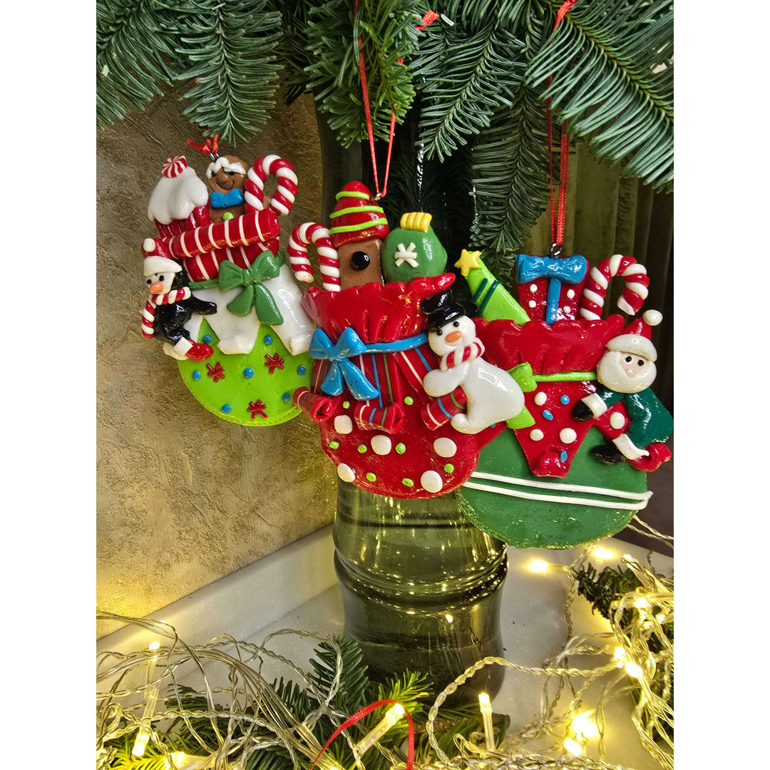 Christmas Ornament - Glossy Gingerbread Gift Bag with Snowman. Wizardi Festive Decoration F07-N2-11-AA440A